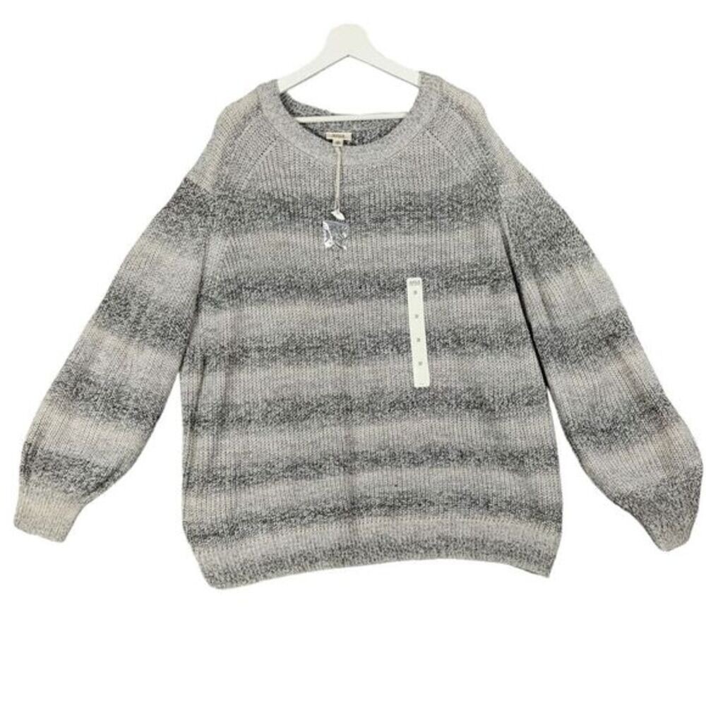 a.n.a Women Cottagecore Minimalist Pullover Sweater 2X Gray Cream Striped Knit